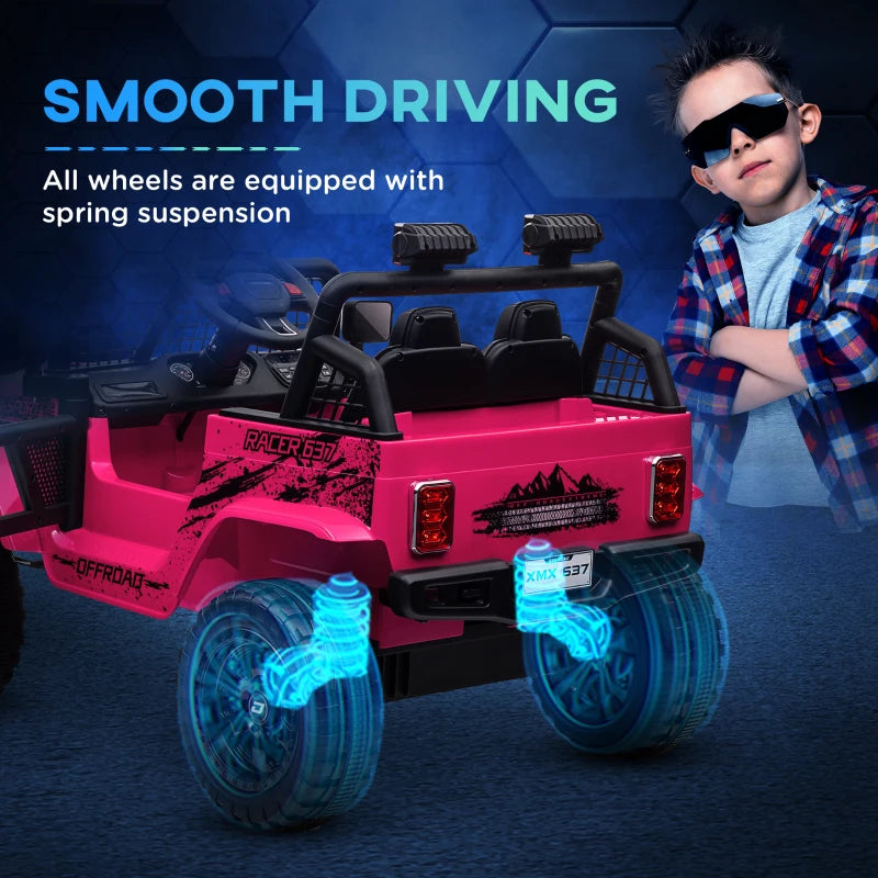 12V Battery Powered Kids Ride-On Car, Electric Truck w/ Spring Suspension, Remote, Music, Horn, Lights, Pink