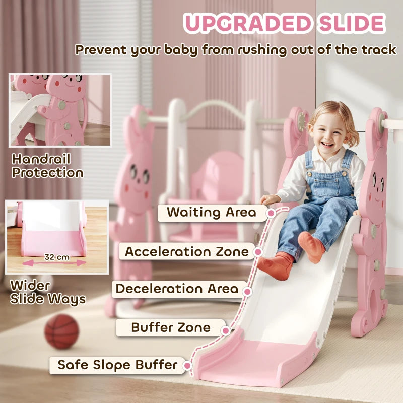 4 in 1 Kids Slide and Swing Set with Climber, Basketball Hoop, Rabbit-Themed, Pink