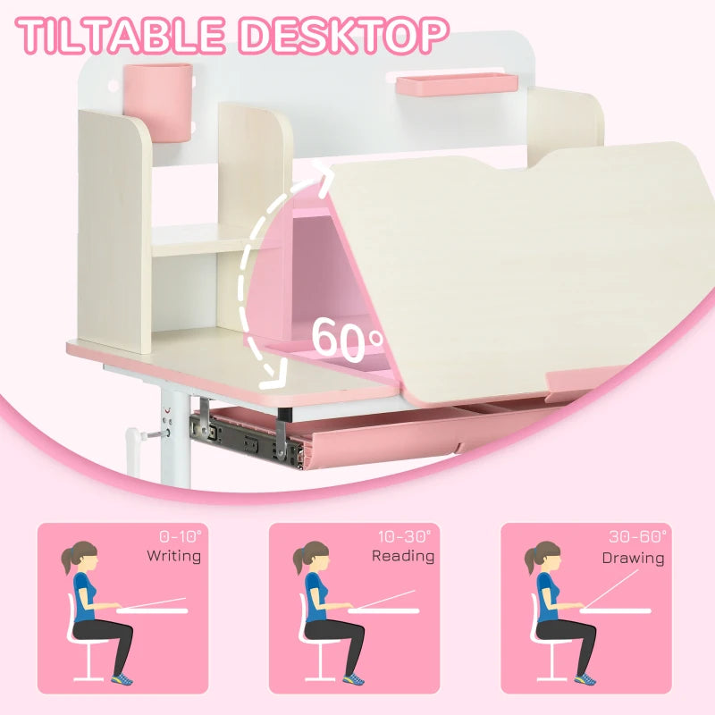 Kids Desk and Chair Set, with Storage Shelves, Washable Cover, for Ages 3-12 Years - Pink