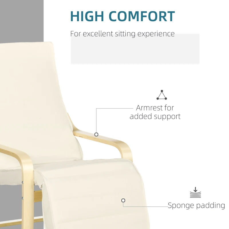 Wooden Armchair, Upholstered Linen Lounge Chair with Adjustable Footrest & Removable Cushion, Poang Chair for Living Room, Cream White