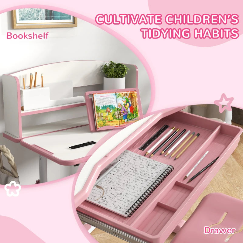 Height Adjustable Kids Study Table and Chair Set, with Drawer, Storage Shelf, 80 x 54.5 x 104 cm, Pink