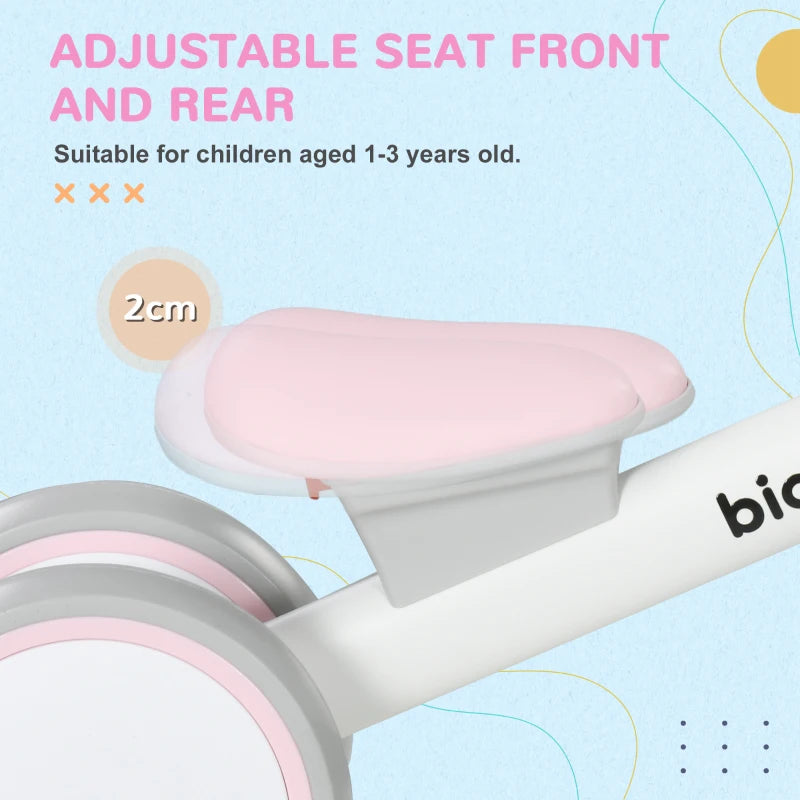 Kids Balance Bike for 1-3 Years Old with Adjustable Seat, Silent Wheels, Pink