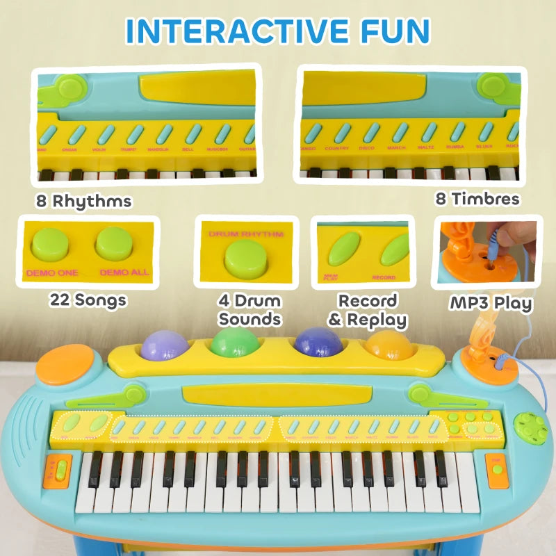 37-Key Kids Piano w/ Microphone, Stool, LED Lights, Record & Replay, Function, Blue