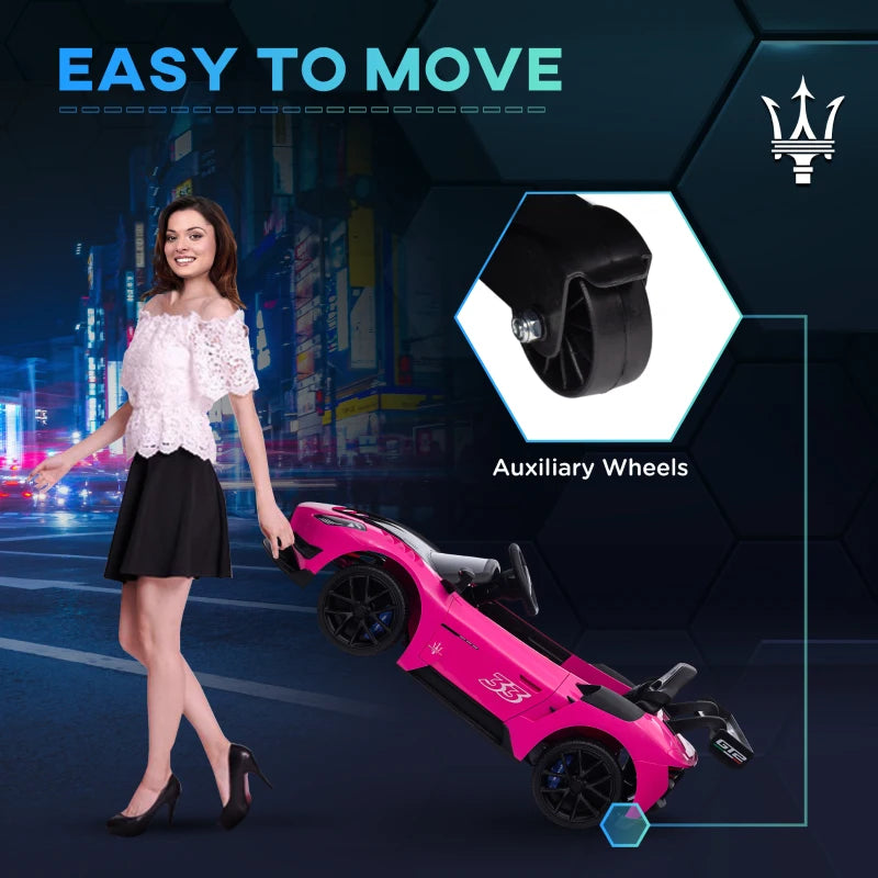Maserati GT2 Licensed 12V Kids Electric Ride on Car with 4 Suspension Wheels, Remote Control, Music, Horn, Lights, Pink