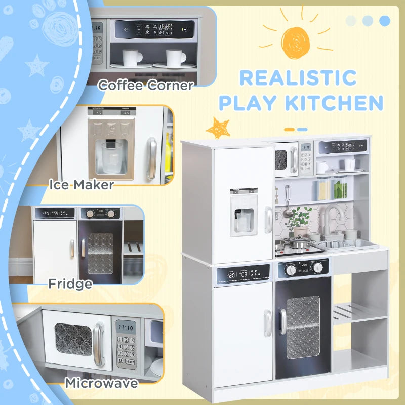 Pretend Play Toy Kitchen, Kids Kitchen Playset w/ Sounds, Lights, Running Water, Coffee Maker, Refrigerator