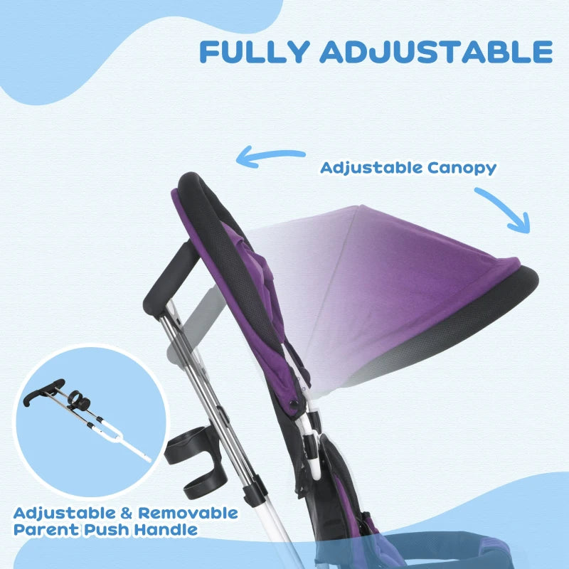 6 in 1 Kids Trike Push Bike w/ Push Handle, Canopy, 5-point Safety Belt, Storage, Footrest, Brake, for 1-5 Years, Purple