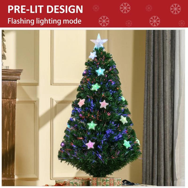 4FT Prelit Artificial Christmas Tree Fibre Optic Star LED Light Holiday Home Xmas Decoration with LED Light for Indoor Party, Green