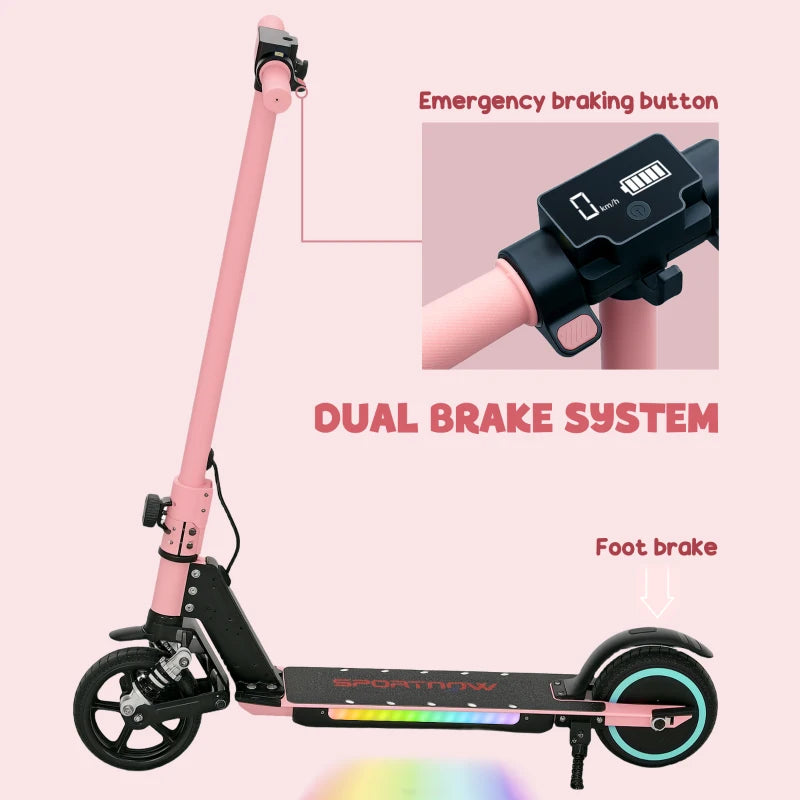 Folding Electric Scooter for Kids, with Dual Brakes, Front Suspension, LED Colourful Lights, Pink