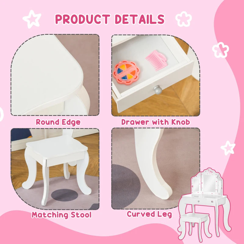 Kids Vanity Table and Chair Set with Tri-Folding Mirror and Stool, Makeup Dressing Table with Drawer, White