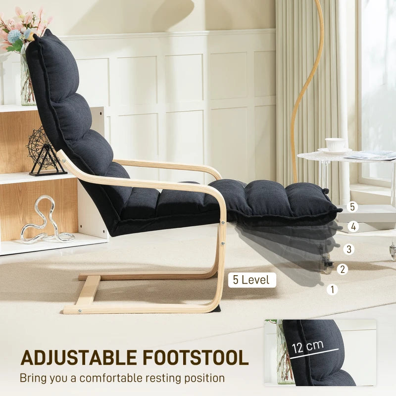 Curved Wooden Accent Chair, with Adjustable Footrest - Black