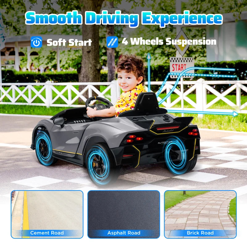 12V Lamborghini Autentica Licensed Kids Electric Car with Remote Control, 4 Suspension Wheels, Soft Start, Grey
