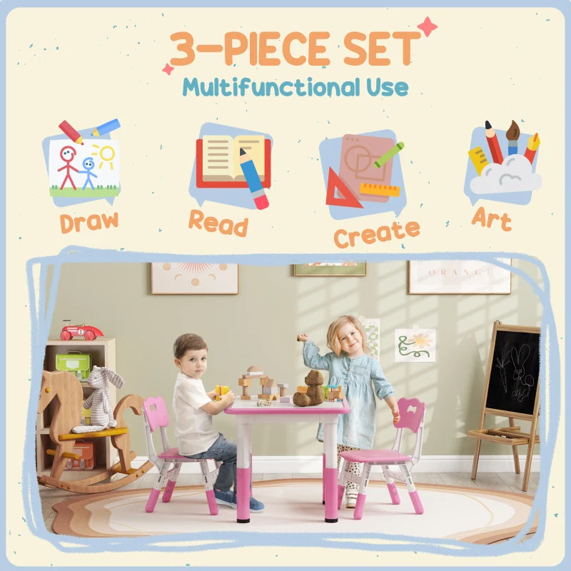 Height Adjustable Toddler Table and Chair Set, 3-Piece Children Activity Table w/ 2 Chairs for Playroom, Bedroom - Pink