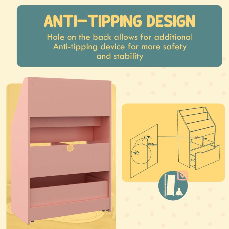 Kids Bookshelf, Toy Organiser, with Storage Drawer, Wheels - Pink