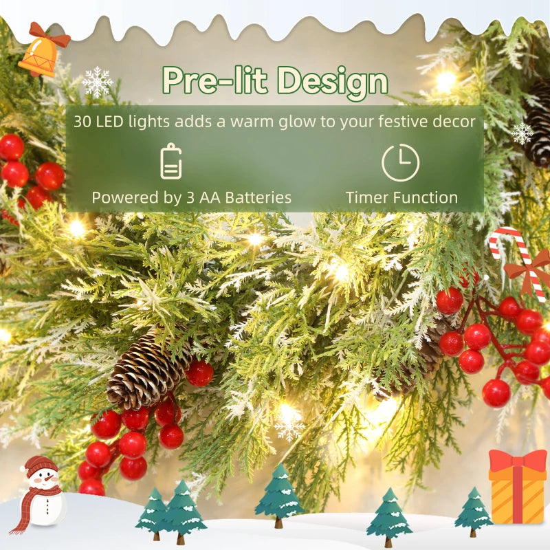 60 cm Prelit Christmas Wreath, Door Wreath with Realistic Branches, 30 Warm White LEDs, Timer, Battery Operated