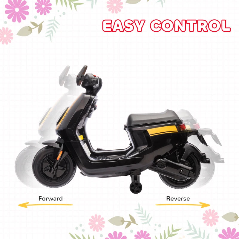 6V Ride on Motorbike, Kids Electric Motorbike w/ Headlights, Music, Training Wheels, for Ages 18-36 Months, Black