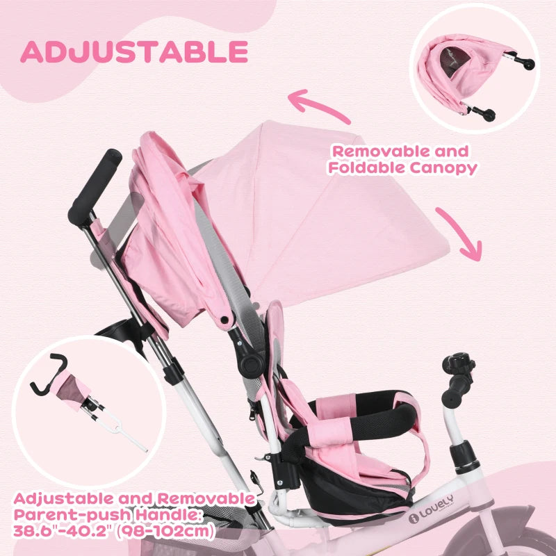 6 in 1 Kids Trike with Parent Handle, Canopy, 5-point Safety Belt, Storage, Footrest, Brake, for 1-5 Years, Pink