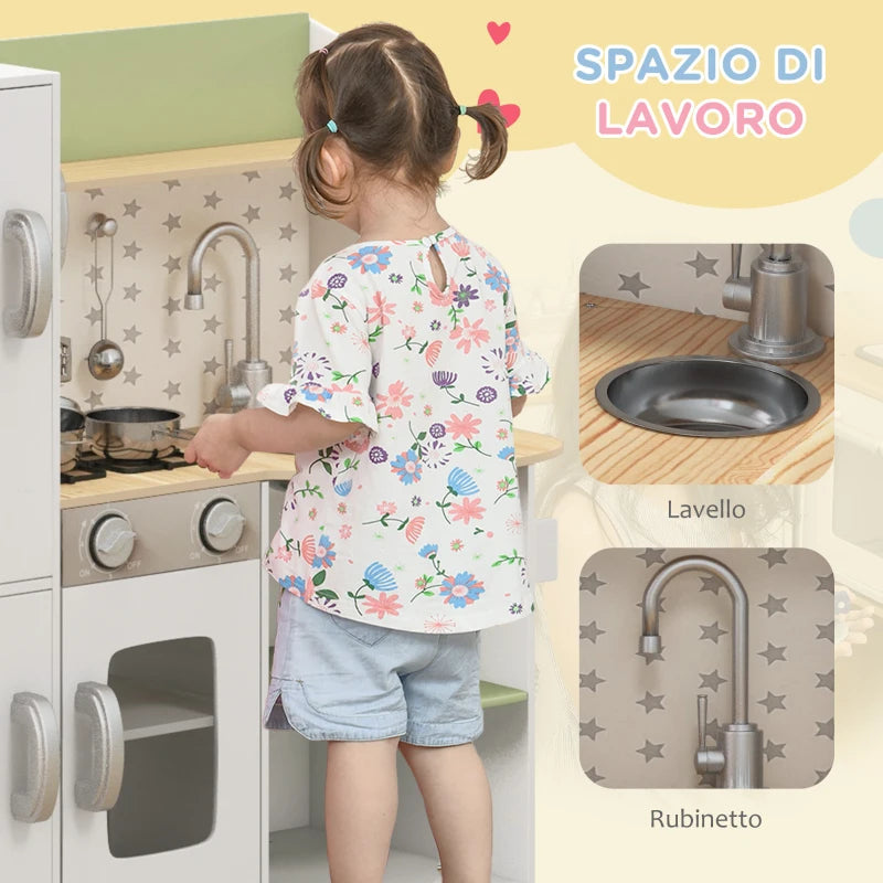 Toy Kitchen, Kids Play Kitchen, Role Playing Game with Phone, Ice Maker, Stove, Utensils, for 3-6 Years, White