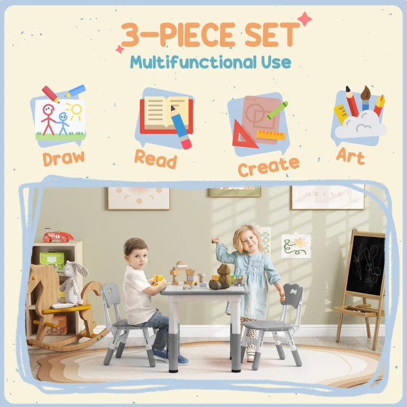 Height Adjustable Toddler Table and Chair Set, 3 Pcs Children Activity Table w/ 2 Chairs, for Playroom, Bedroom - Grey
