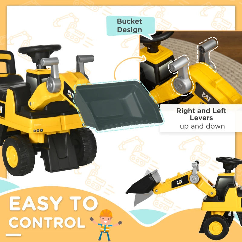 CAT Licensed Kids Construction Ride-On Toddler Digger Excavator Foot-To-Floor Ride-On Toy w/ Manual Shovel, Horn, Hidden Storage, for Ages 1.5-3 Years