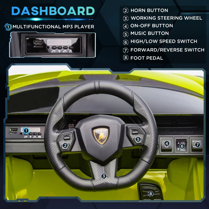 Lamborghini Sian Licensed 12V Kids Electric Ride On Car 2 Motors Toy Car with Remote Control Music Lights MP3 for 3-5 Years Green