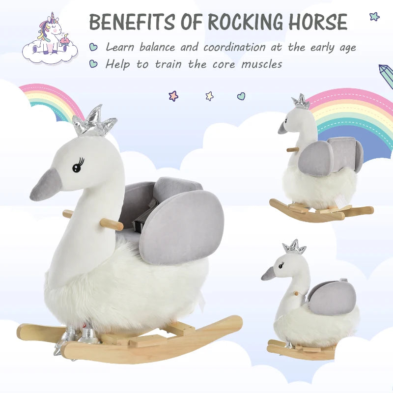 Kids Rocking Horse, Children Plush Ride On Swan Animal Rocker w/ Sound, Wood Base Seat, Safety Belt, Baby Toy Rocker for Toddler 18 - 36 Months, White and Grey