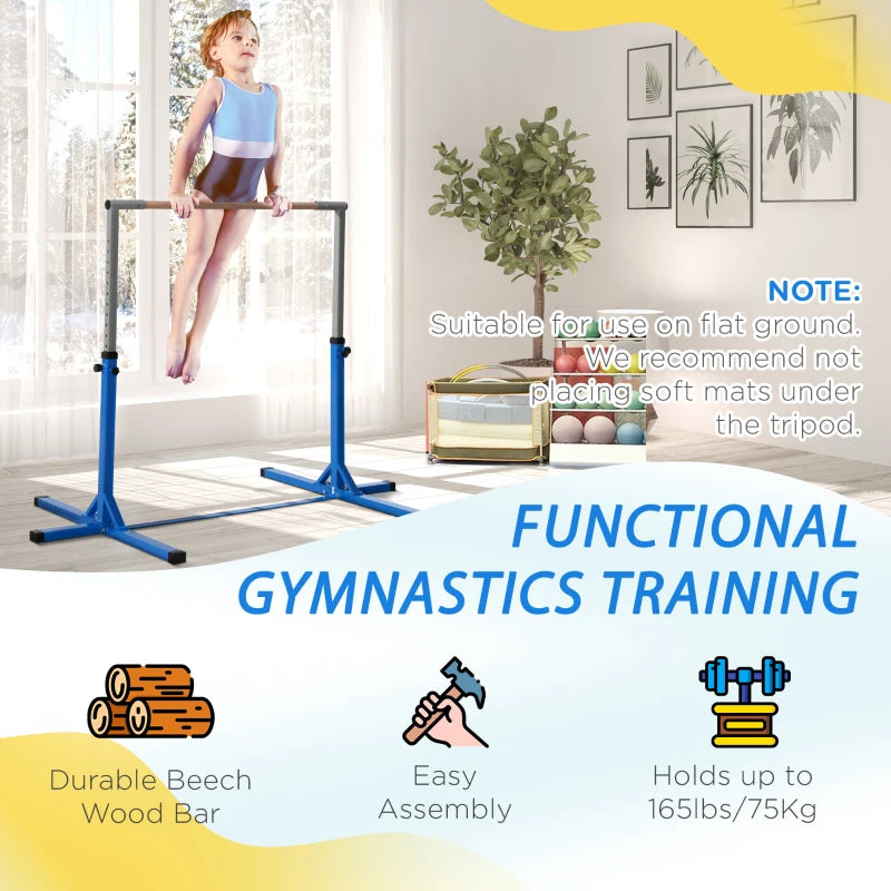 Height Adjustable Gymnastics Horizontal Bar for Kids, Children Junior Kip High Bar Fitness, Blue