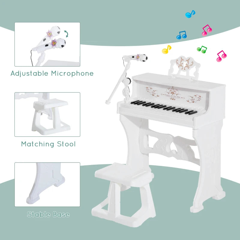 37 Keys Kids Piano Mini Electronic Keyboard Light Kids Musical Instrument Educational Game Children Grand Piano Toy Set w/Stool & Microphone & Music Stand (White)