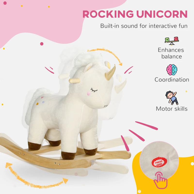 Rocking Horse with Unicorn Design, Sounds, for Ages 2-4 Years, White