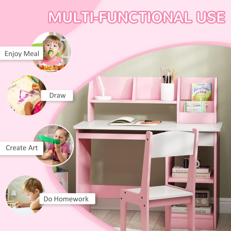 Two-Piece Kids Desk and Chair Set with Storage, for Ages 5-8 Years - Pink