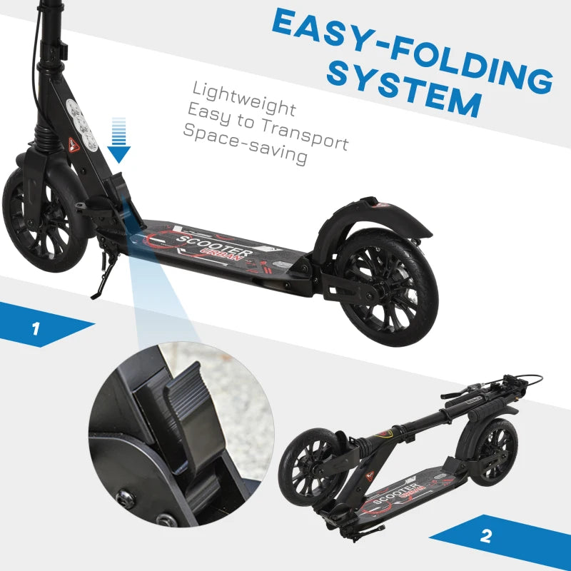 Adult Teens Kick Scooter Foldable Height Adjustable Aluminium Ride On Toy for 14+ w/ Rear Wheel & Hand Brake, 200mm Big Wheels, Shock Mitigation System - Black