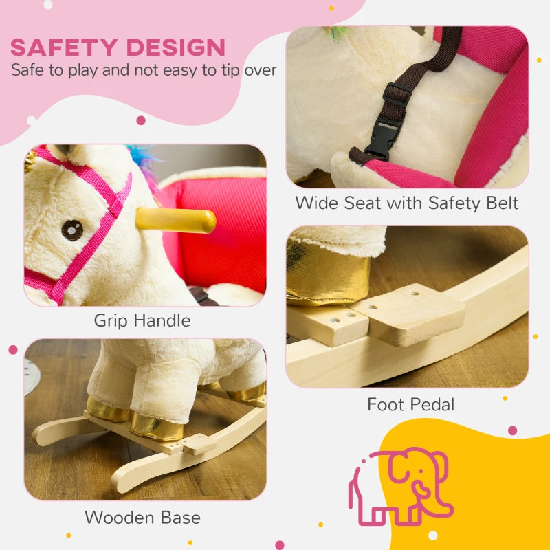 Kids Rocking Horse with Realistic Sounds, Safety Belt, Wooden Base, for Ages 18-36 Months, Cream White