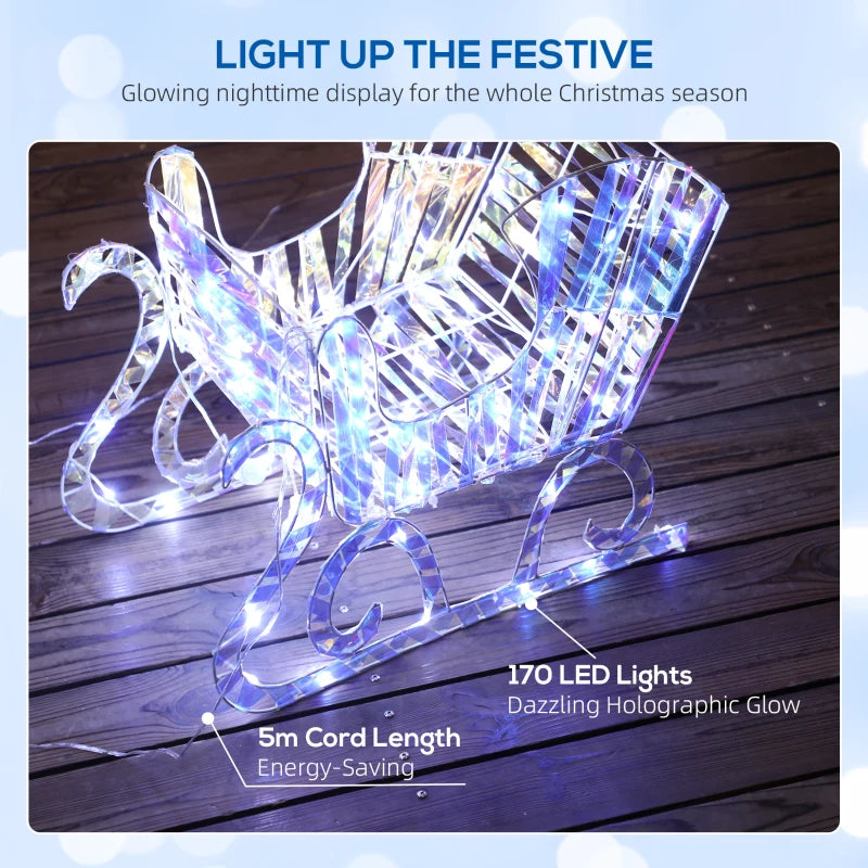 Lighted Christmas Reindeer with Sleigh, Outdoor Yard Reindeer with 170 Warm White LED Lights, Holiday Decor with Stakes, Waterproof, Silver