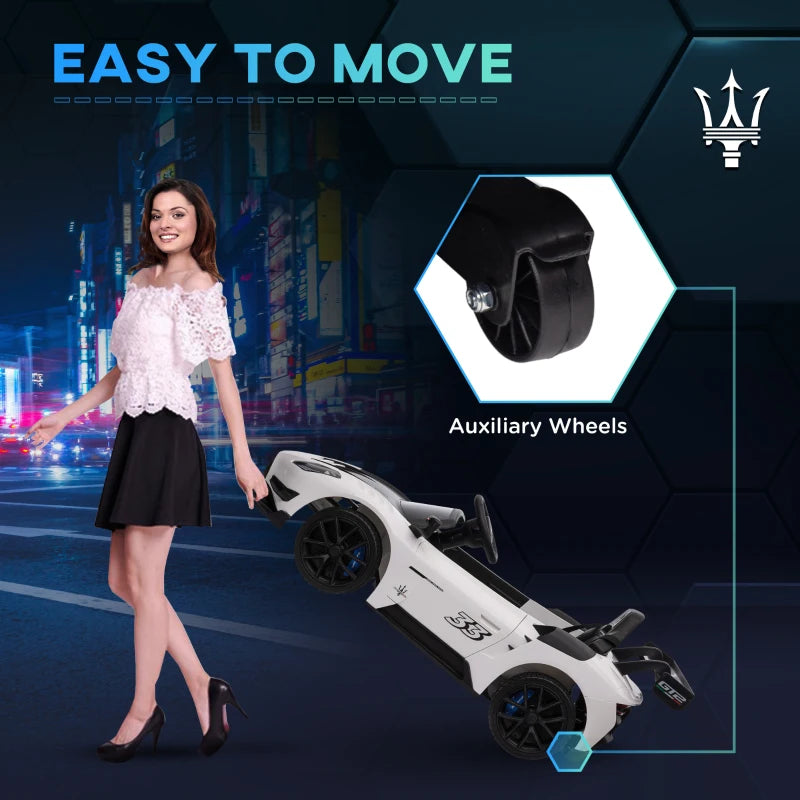 Maserati GT2 Licensed 12V Kids Electric Ride on Car with 4 Suspension Wheels, Remote Control, Music, Horn, Lights, White