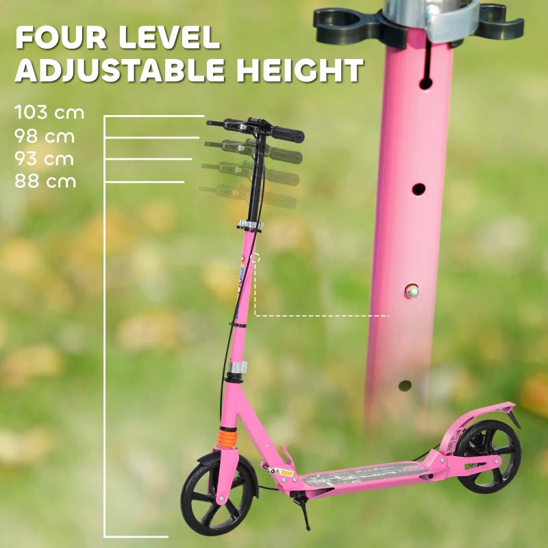 Kids Scooter with Four-Level Adjustable Handlebar, Dual Brake System, 200mm Wheels, ABEC-7 Bearings, Pink