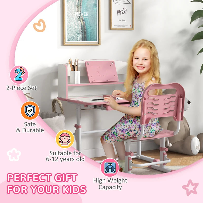 Height Adjustable Kids Study Table and Chair Set, with Drawer, Storage Shelf, 80 x 54.5 x 104 cm, Pink