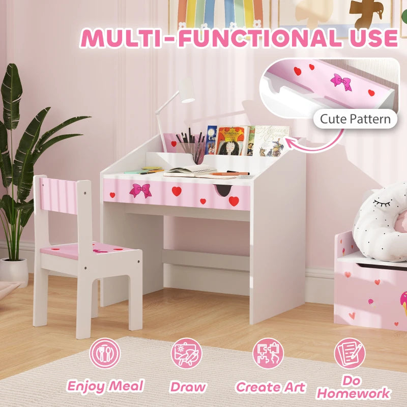 Children Study Table and Chair, Kids Desk and Chair Set with Storage, Pull-Out Drawer, for Ages 3-6 Years, Pink
