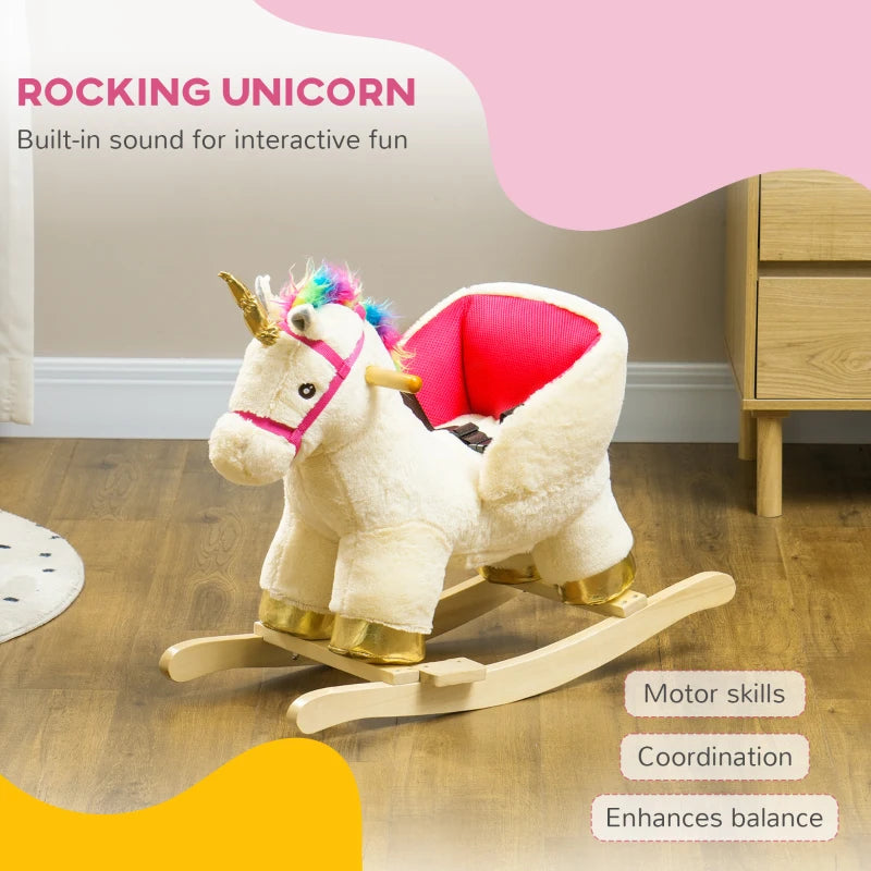 Kids Rocking Horse with Realistic Sounds, Safety Belt, Wooden Base, for Ages 18-36 Months, Cream White