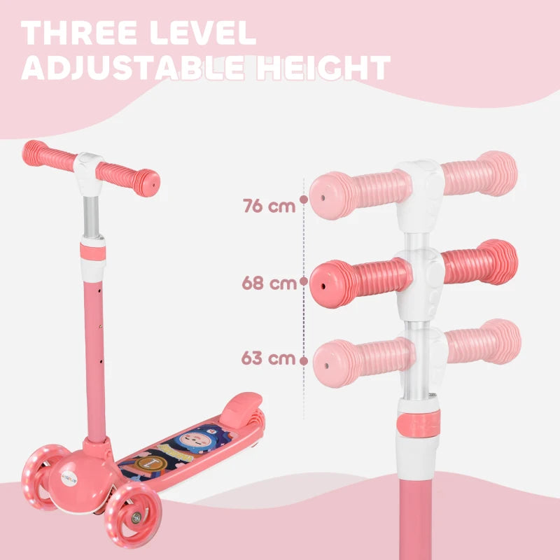 Kids 3 Wheel Scooter for 2-6 Years Old w/ Adjustable Height, LED Light, TPE Handlebar, Pink