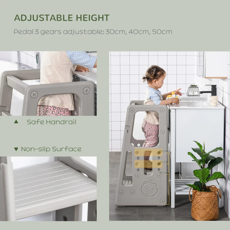 Kids Step Stool, with Adjustable Platform and Non-Slip Mat – Grey
