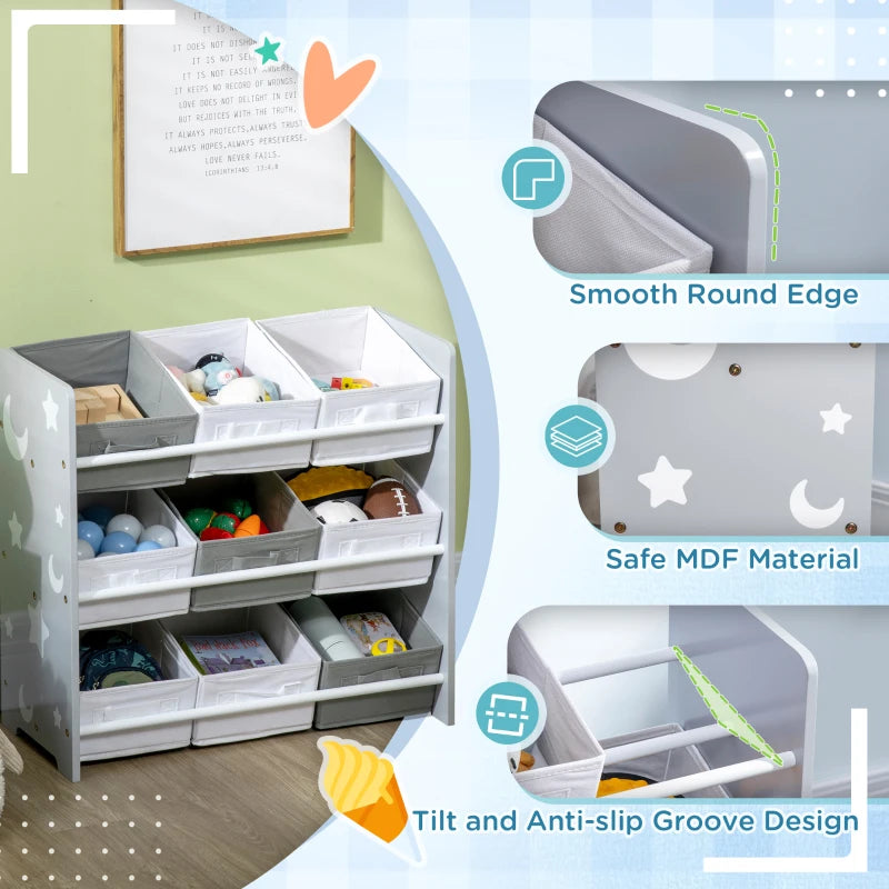 Kids Storage Rack, with Nine Removable Baskets, for Nursery, Bedroom, Playroom - Grey