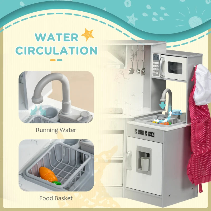 Toy Kitchen with Running Water, Lights, Sounds, Apron and Chef Hat, Water Dispenser, for Ages 3-6 Years, Grey