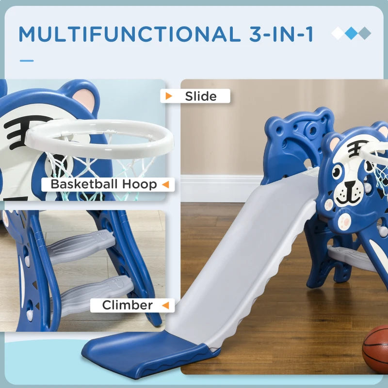 3 in 1 Baby Slide for Indoor Use with Climber, Basketball Hoop, Basketball, for Ages 18-36 Months - Blue