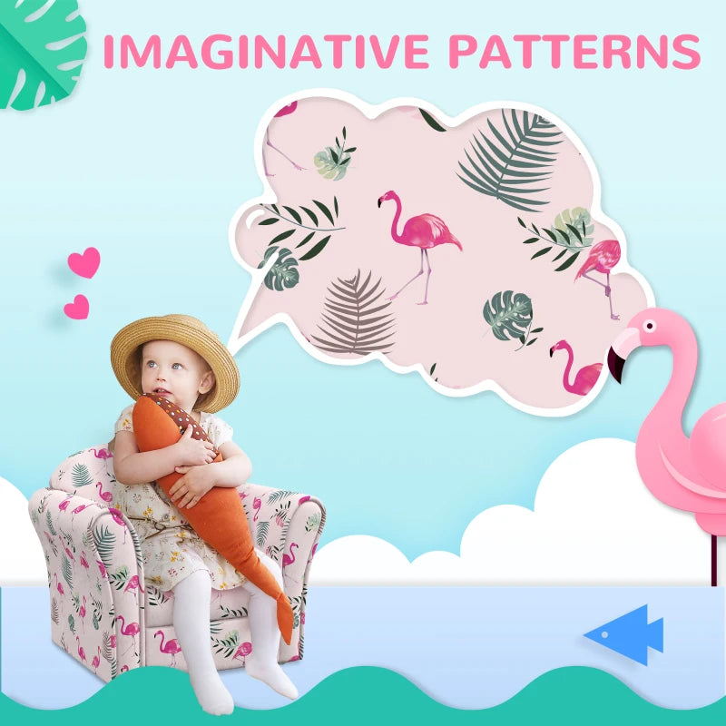 Kids Armchair with Flamingo Design, Wooden Frame, for Bedroom, Playroom, Kids Room - Pink