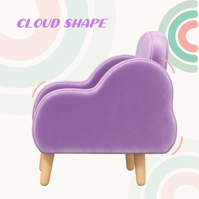 Kids Armchair Toddler Sofa Children Chair with Arm Rest, Wooden Frame, Velvet, PP Legs, Cloud Shape, for Ages 1.5-3 Years - Purple