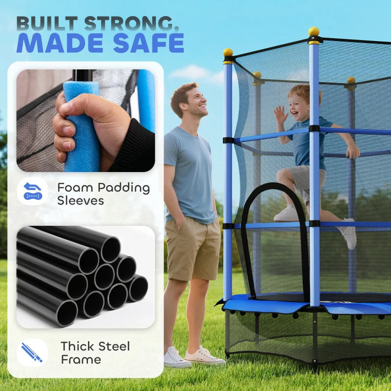 4.6FT/55" Kids Trampoline with Safety Enclosure, Outdoor Indoor Use, for Ages 3-10 Years, Blue