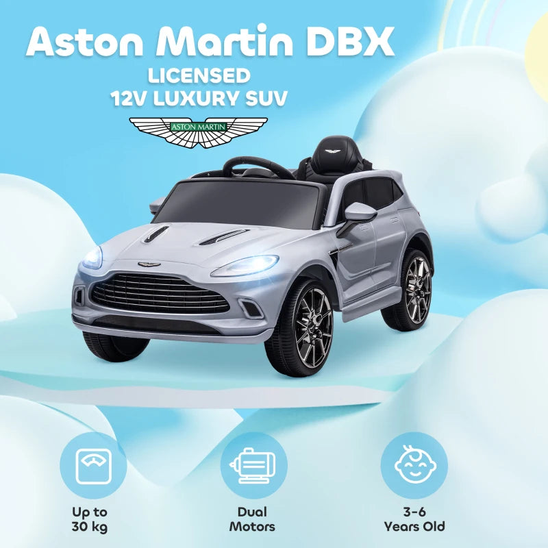 Aston Martin DBX Licensed Battery Powered Kids Electric Car, 12V Kids Ride on Car w/ Lights, Music Horn, Grey