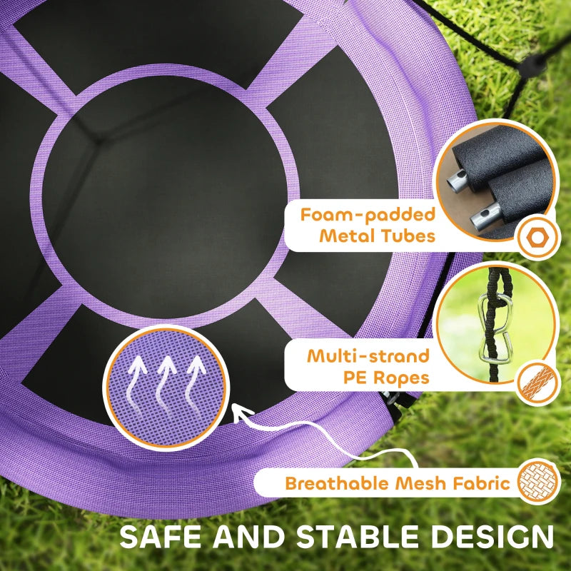 100cm Diameter Nest Seat for Kids with Height Adjustable Hanging Ropes for Outdoor, Playground, Garden, Purple