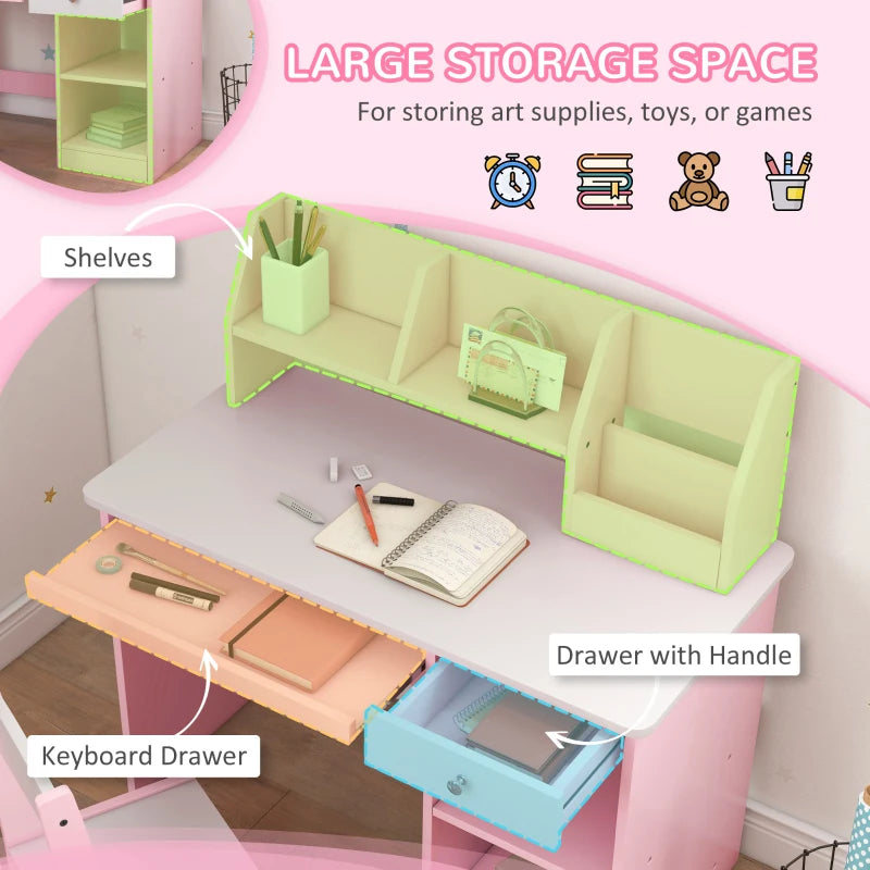 Two-Piece Kids Desk and Chair Set with Storage, for Ages 5-8 Years - Pink