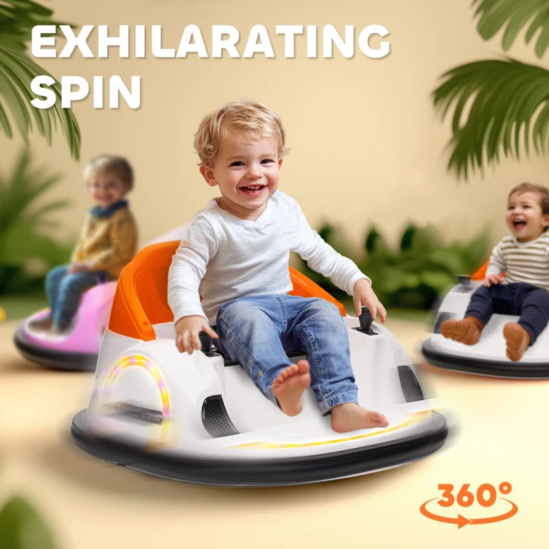360° Rotation Kids Bumper Car, 12V Waltzer Car with Remote Control, Dual Joysticks, Music Lights, Orange