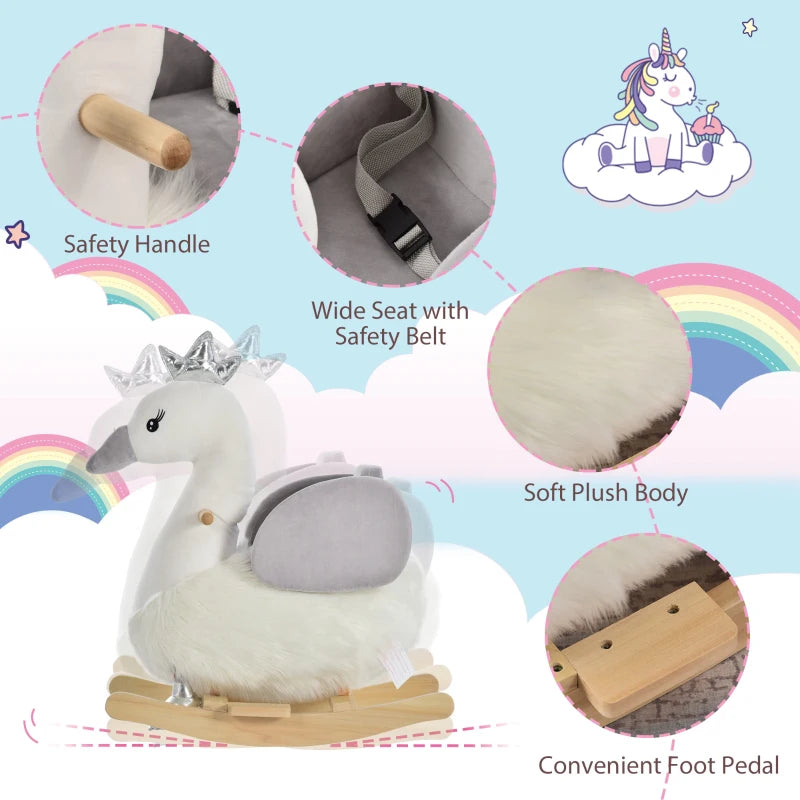 Kids Rocking Horse, Children Plush Ride On Swan Animal Rocker w/ Sound, Wood Base Seat, Safety Belt, Baby Toy Rocker for Toddler 18 - 36 Months, White and Grey